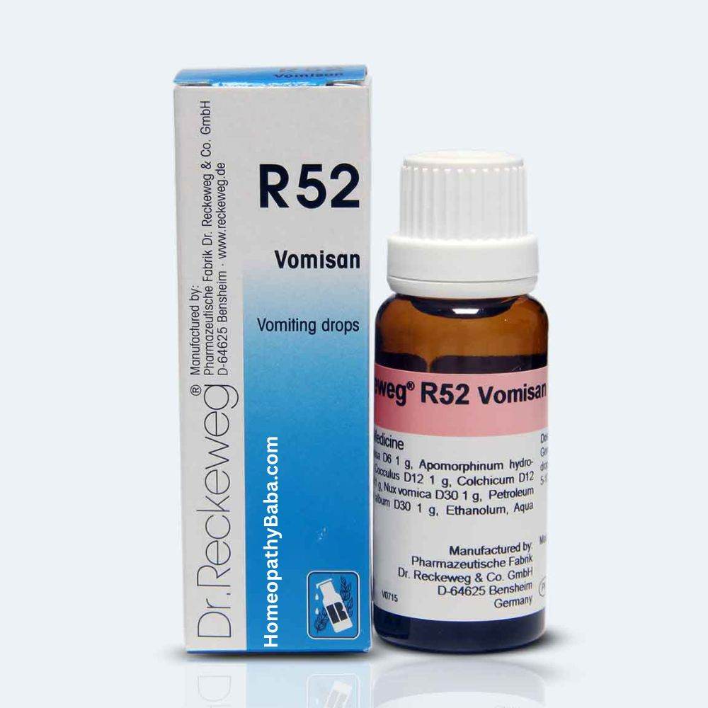 Dr. Reckeweg R52 Vomisan drops for nausea, vomiting, and travel sickness | Homeopathy Baba