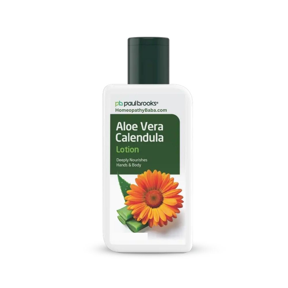 A bottle of Aloe Vera Calendula Lotion by Paul Brooks on a white background