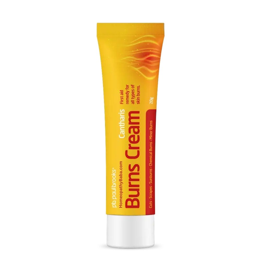 Paul Brooks Burns Cream 20g tube with yellow and red design on a white background