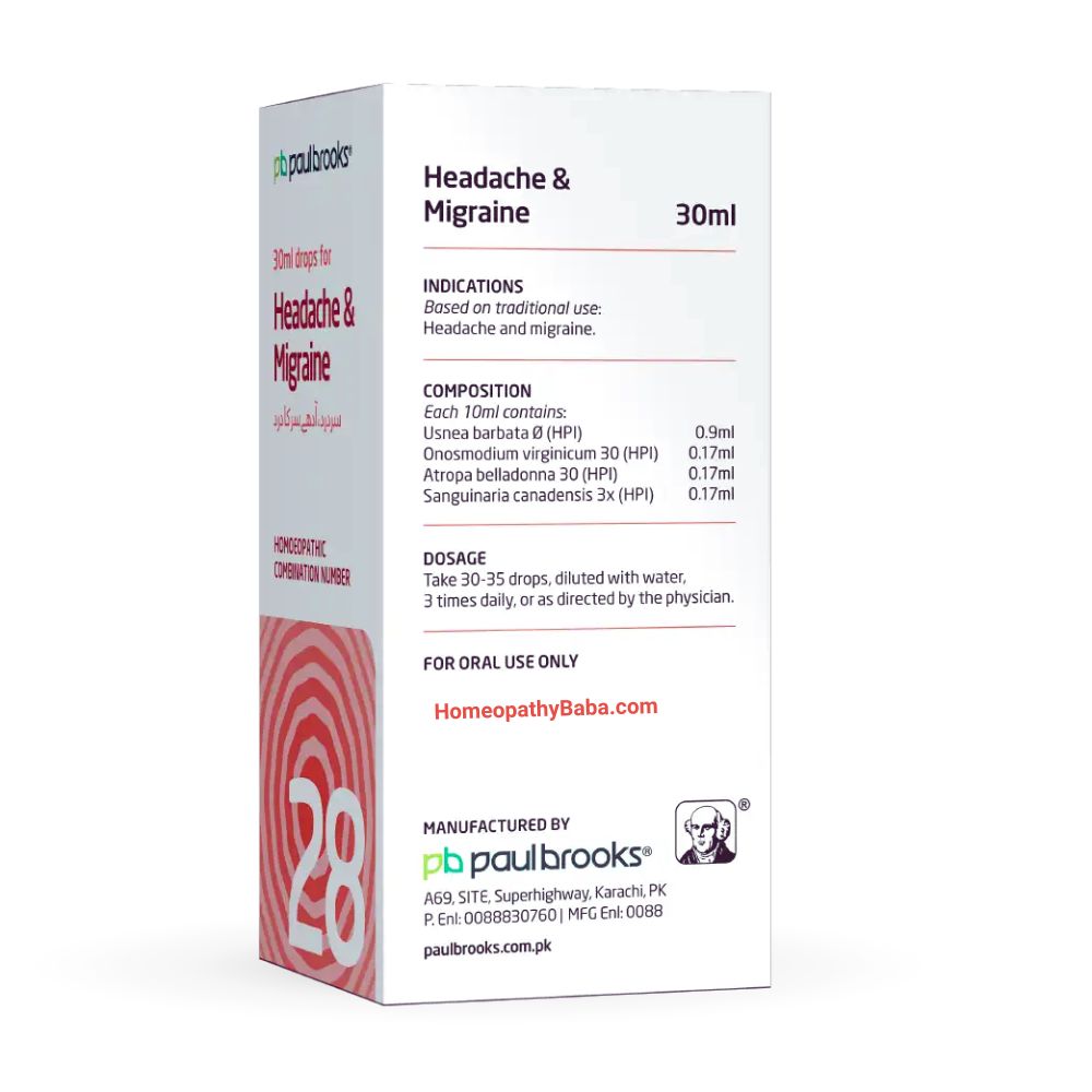 Paul Brooks Combination No 28 for Headache & Migraine Support | HomeopathyBaba.com