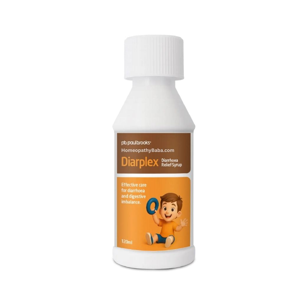 Bottle of Paul Brooks Diarplex Syrup 120ml for children on a white background
