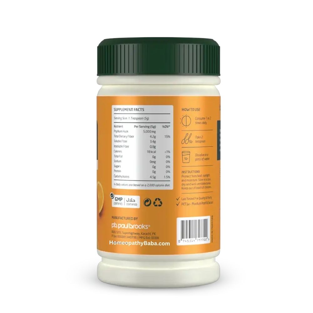 Paul Brooks Ispaghol Psyllium Husk Orange Flavor 85g Supplement container with label on a white background