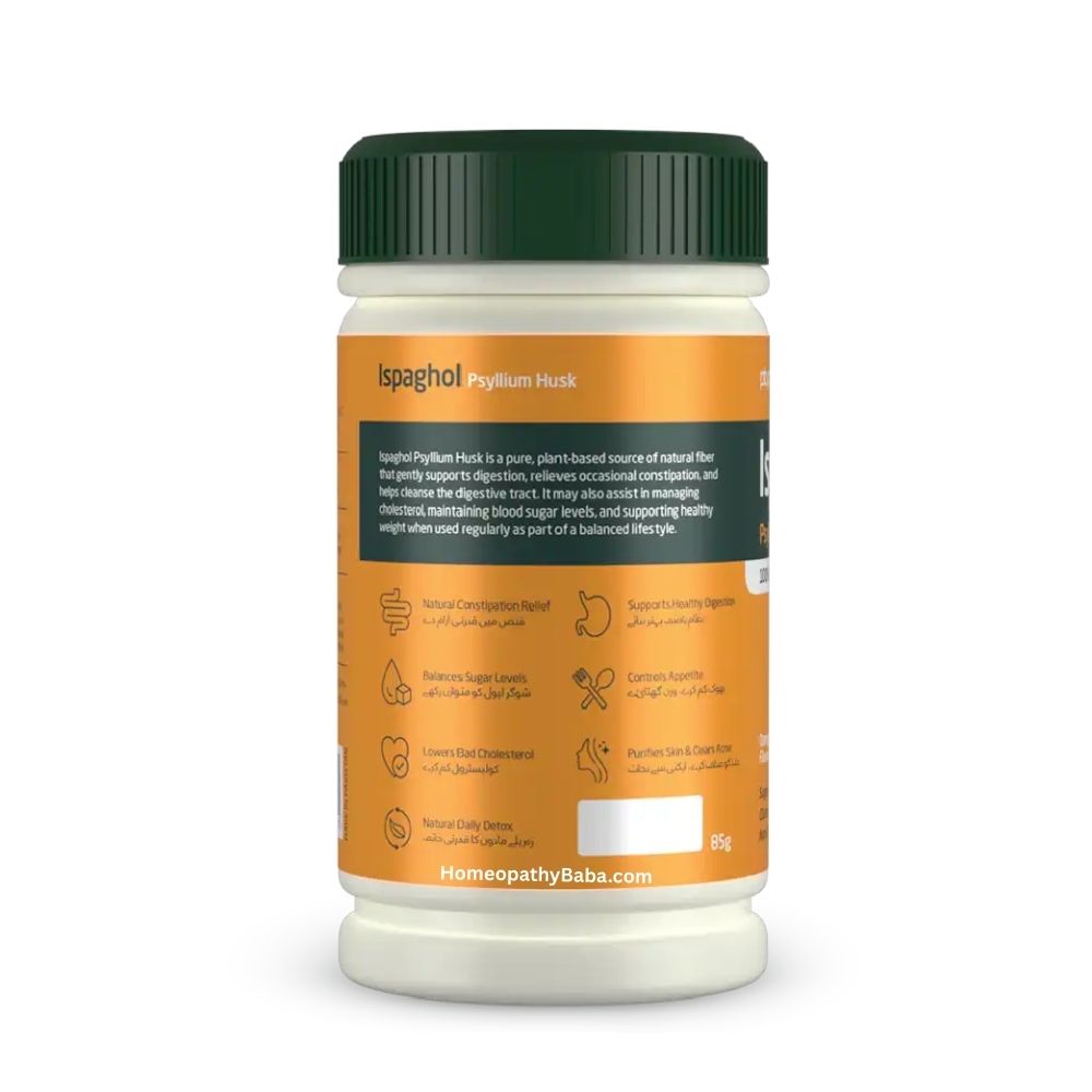Bottle of Paul Brooks Ispaghol Psyllium Husk Orange Flavor 85g with a green lid on a white background