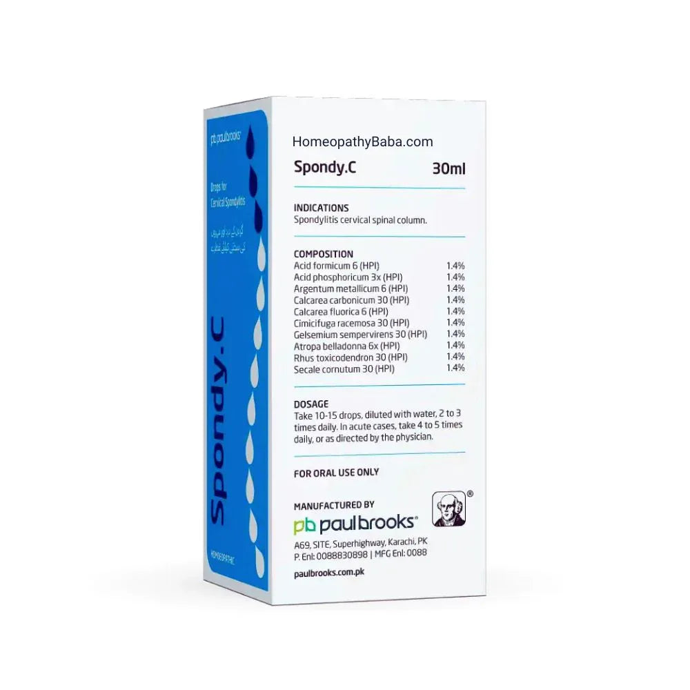 Paul Brooks Spondy C Drops for Cervical Spondylitis & Neck Pain | HomeopathyBaba.com
