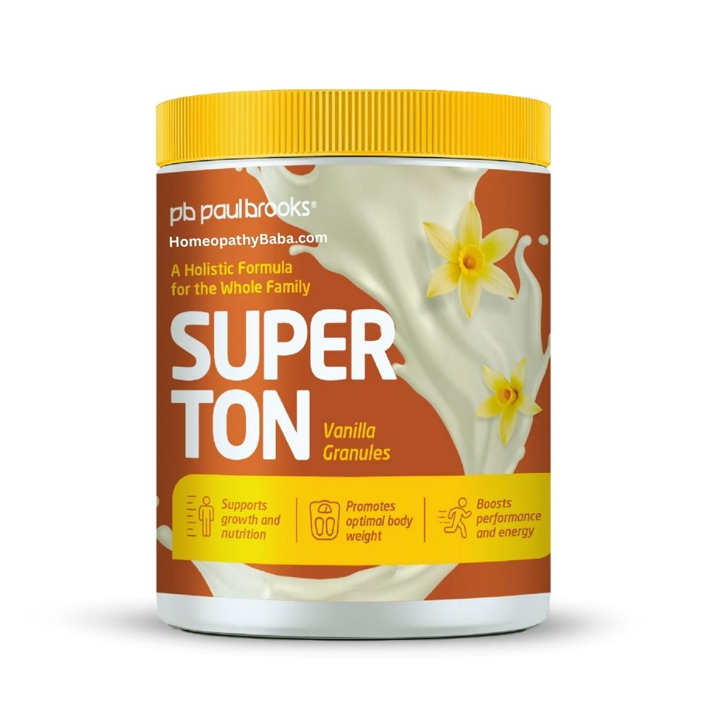 Super Ton Vanilla Granules container with yellow lid and vanilla flowers on a white background. Paul Brooks Superton Vanilla Granules (Family Health Tonic)