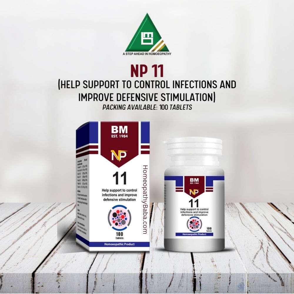 BM NP 11 supplement packaging on a wooden surface with a white background

