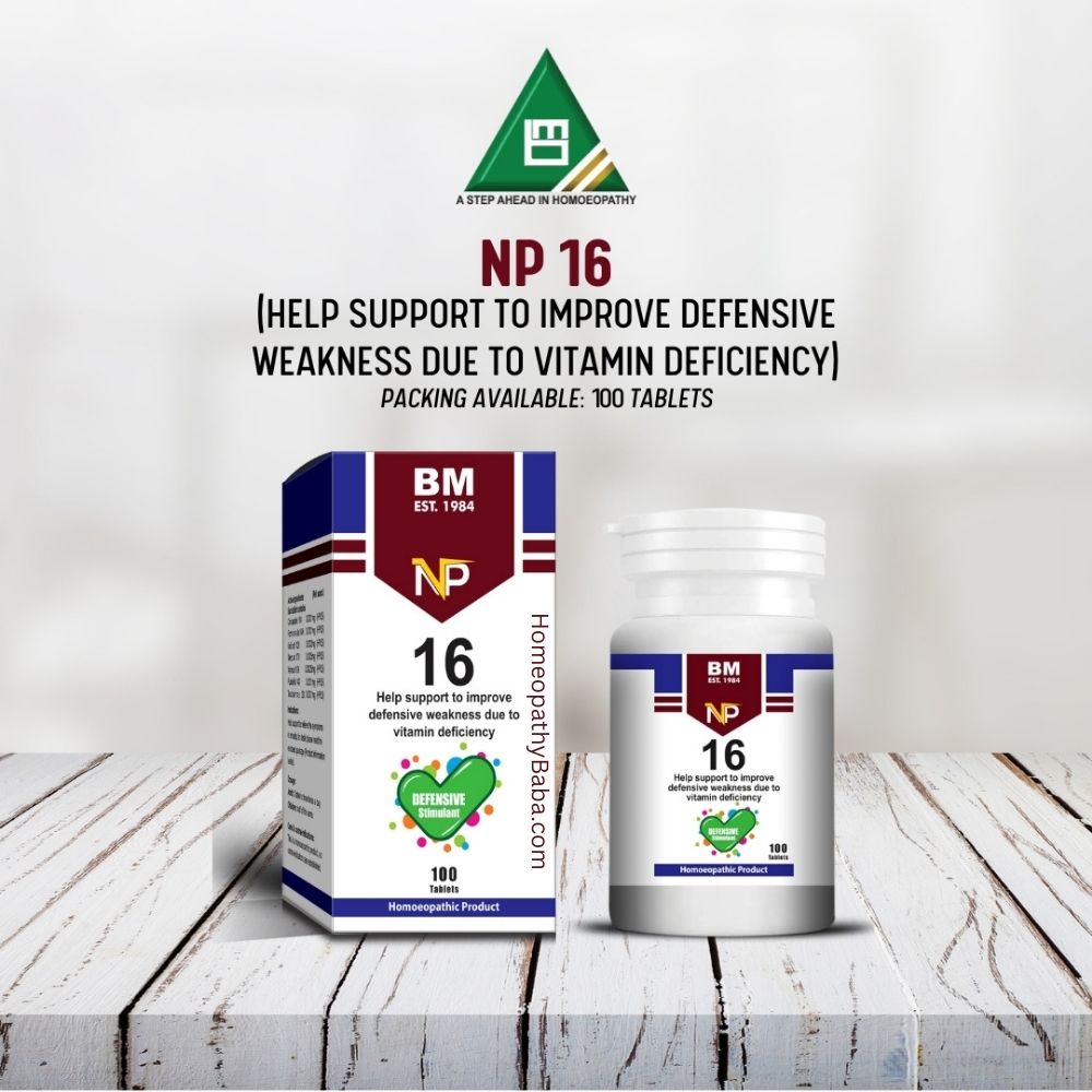 BM NP 16 supplement packaging on a wooden surface with a white background

