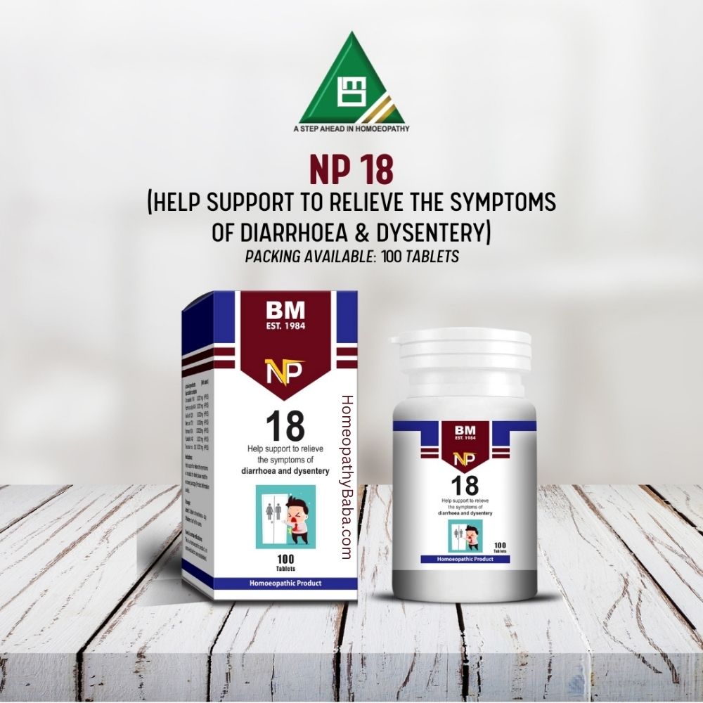 BM NP 18 homeopathy product packaging on a wooden surface with a white background

