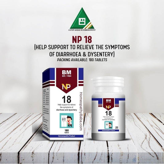 BM NP 18 homeopathy product packaging on a wooden surface with a white background

