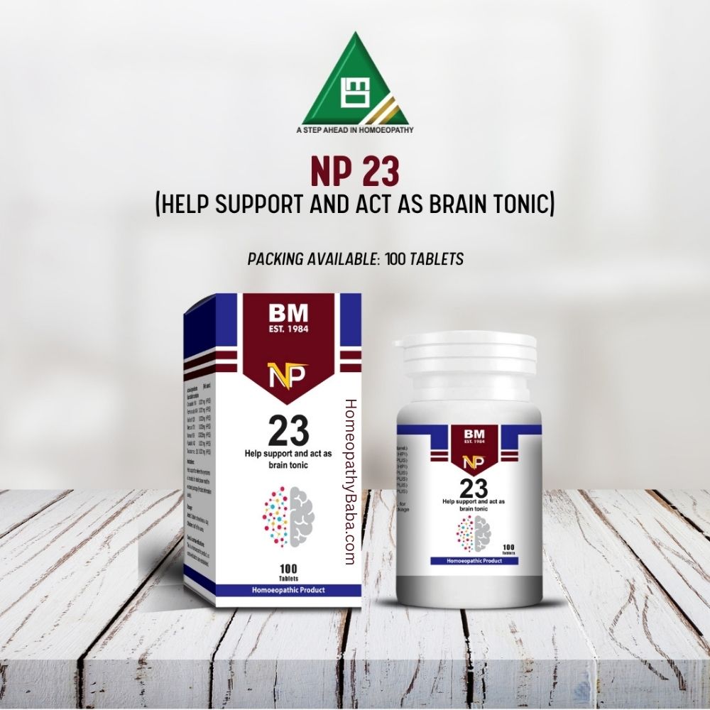 BM NP 23 brain tonic packaging on a wooden surface with a white background

