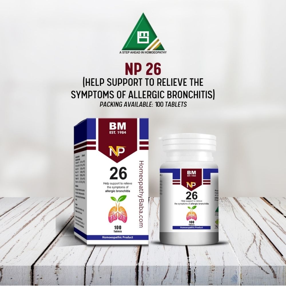BM NP 26 homeopathic product packaging on a wooden surface with a white background

