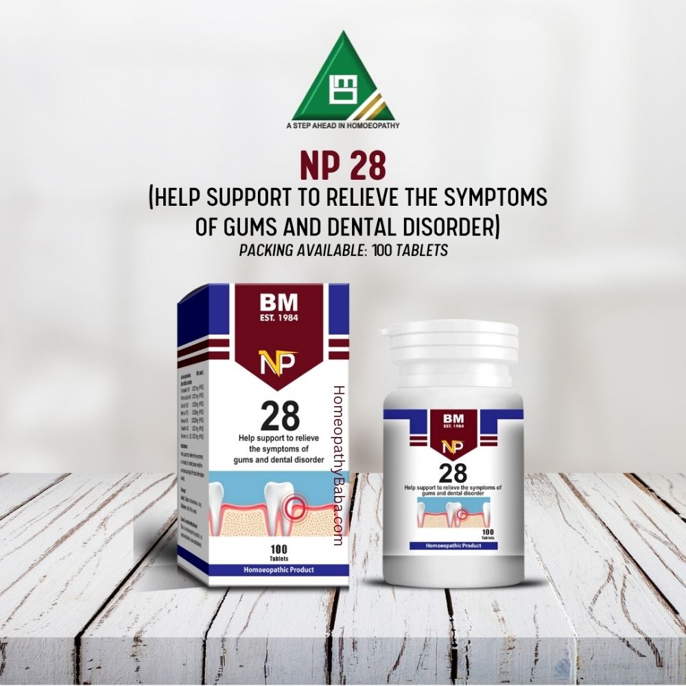 BM NP 28 homeopathy product packaging on a wooden surface with a white background

