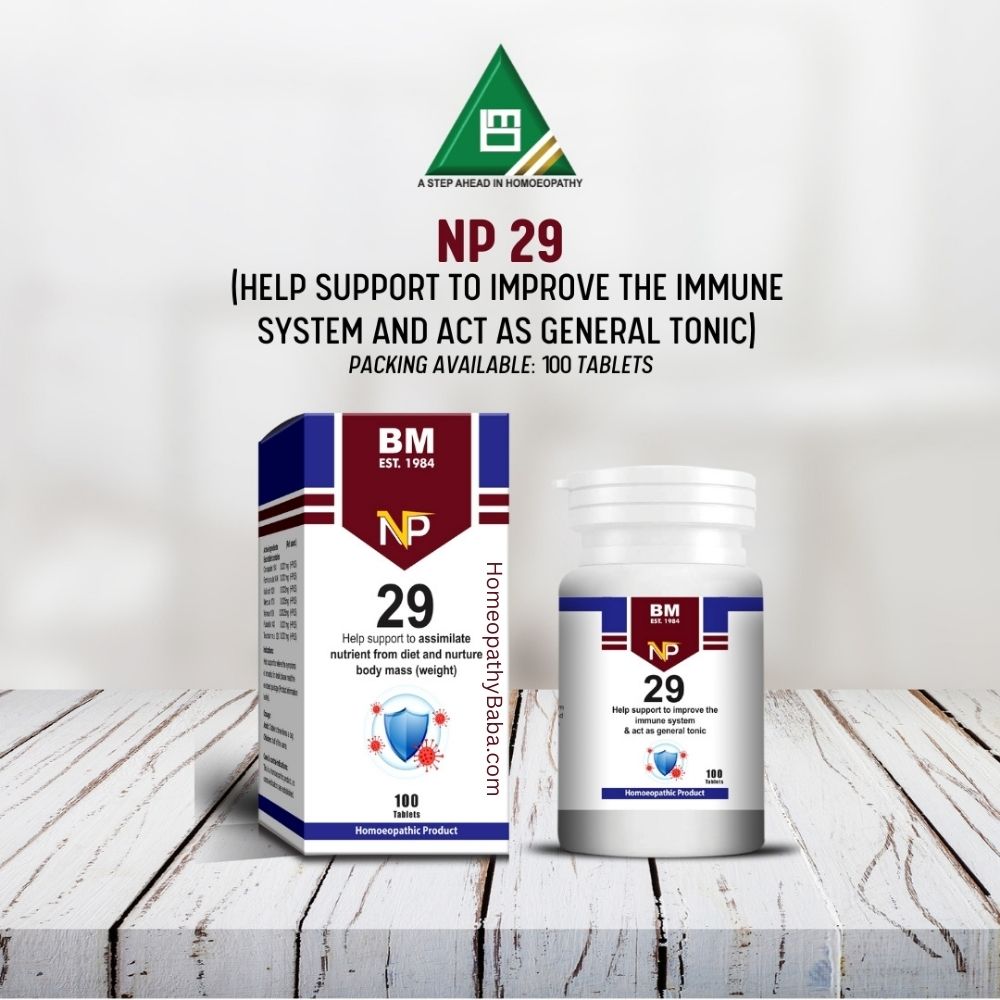 BM NP 29 supplement packaging on a wooden surface with a white background

