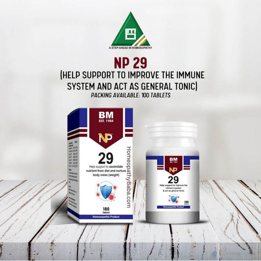 BM NP 29 supplement packaging on a wooden surface with a white background

