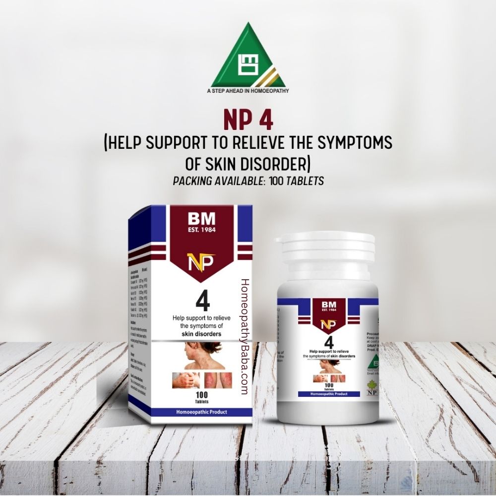 BM NP 4 supplement packaging on a wooden surface with a white background


