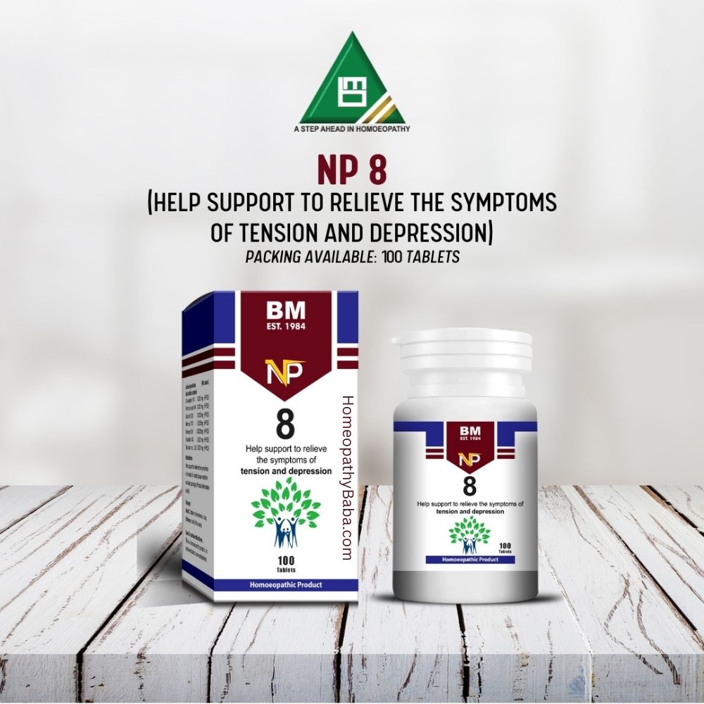 BM NP 8 supplement packaging on a wooden surface with a white background

