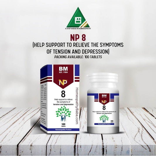 BM NP 8 supplement packaging on a wooden surface with a white background

