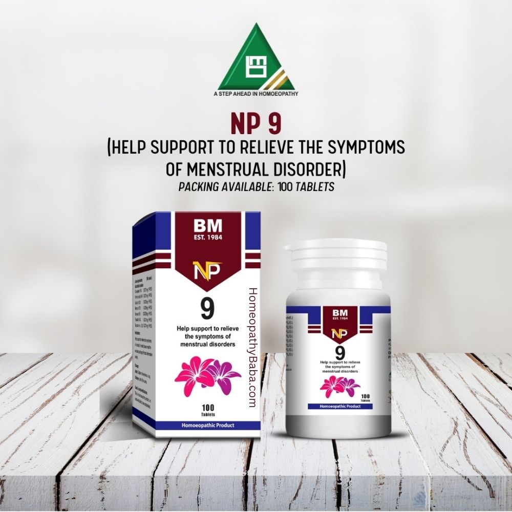 BM NP 9 supplement packaging on a wooden surface with a white background

