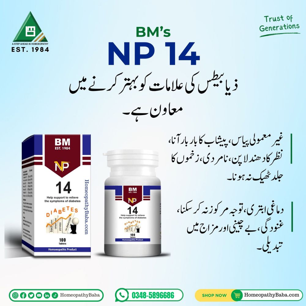 BM NP 14 product packaging with text on a light blue background


