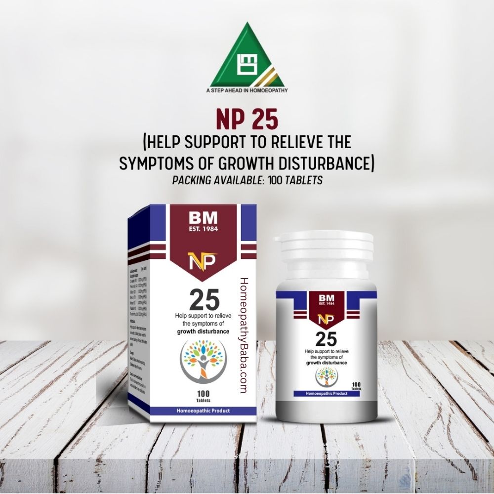 BM NP 25 supplement packaging on a wooden surface with a white background

