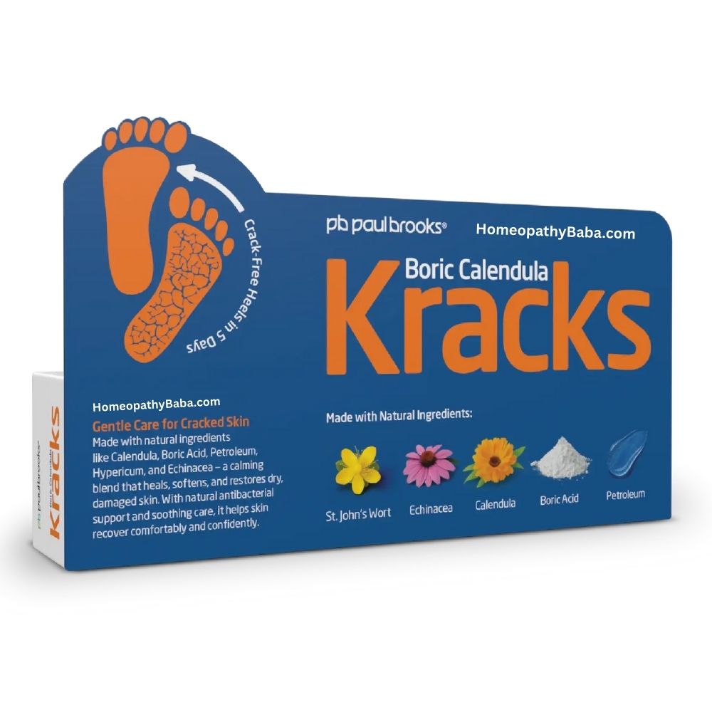 Box of Boric Calendula Kracks Cream 20g with foot illustration and product details on a white background

