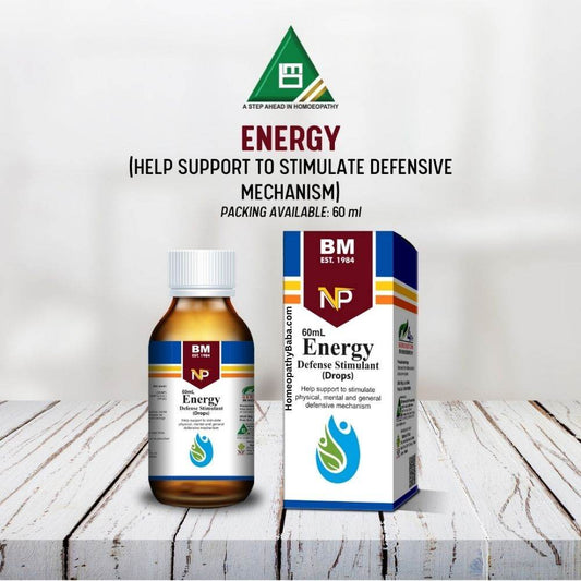 Bottle and box of BM NP Energy drops on a wooden surface with a white background

