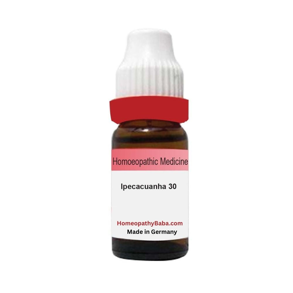 Homeopathic medicine bottle labeled 'Ipecacuanha 30' from HomeopathyBaba.com on a white background

