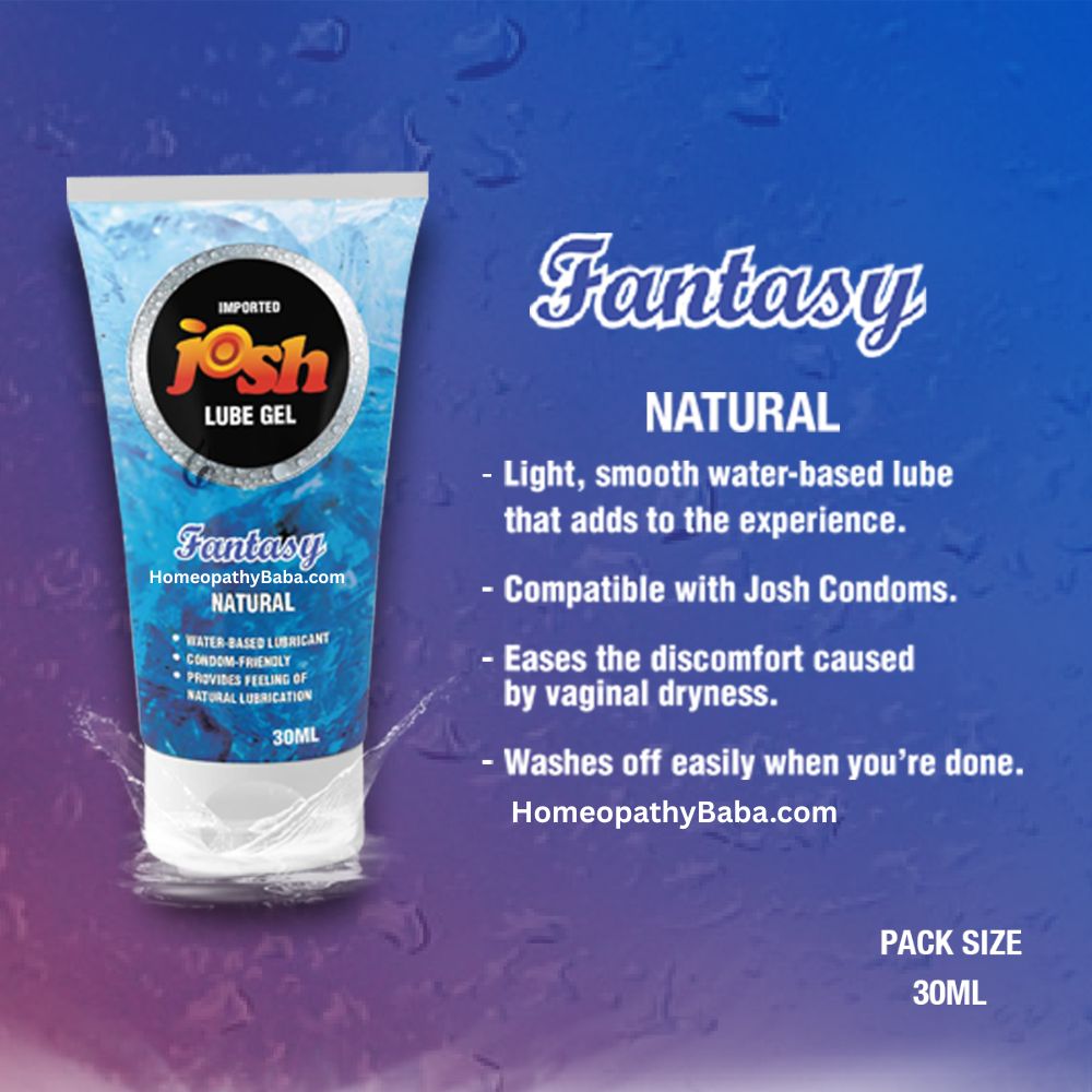 Tube of Josh Fantasy Natural Lube Gel on a blue background with product details.