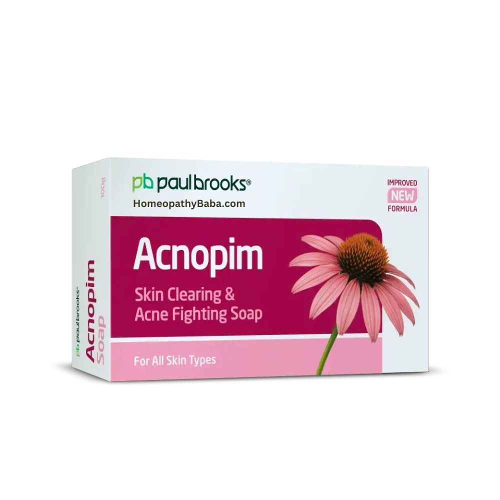 Paul Brooks Acnopim Soap 100g packaging with a pink flower on a white background

