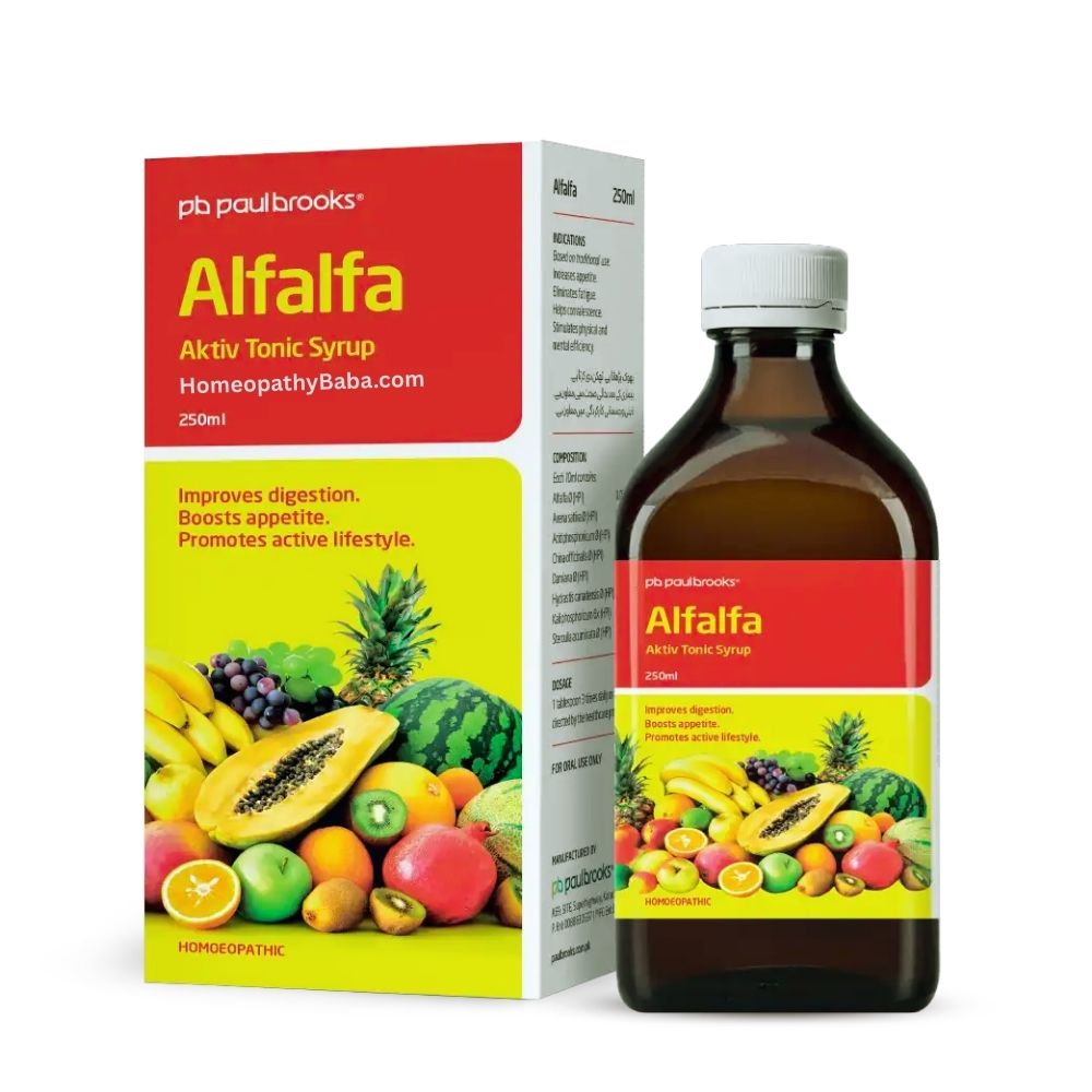 Paul Brooks Alfalfa Aktiv Tonic Syrup bottle and packaging with colorful label on a white background

