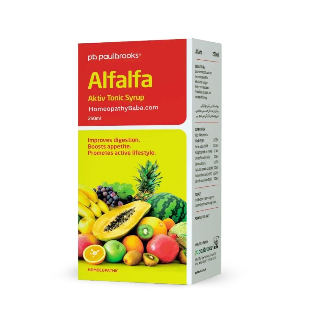 Paul Brooks Alfalfa Aktiv Tonic Syrup packaging with colorful fruit illustration on a white background

