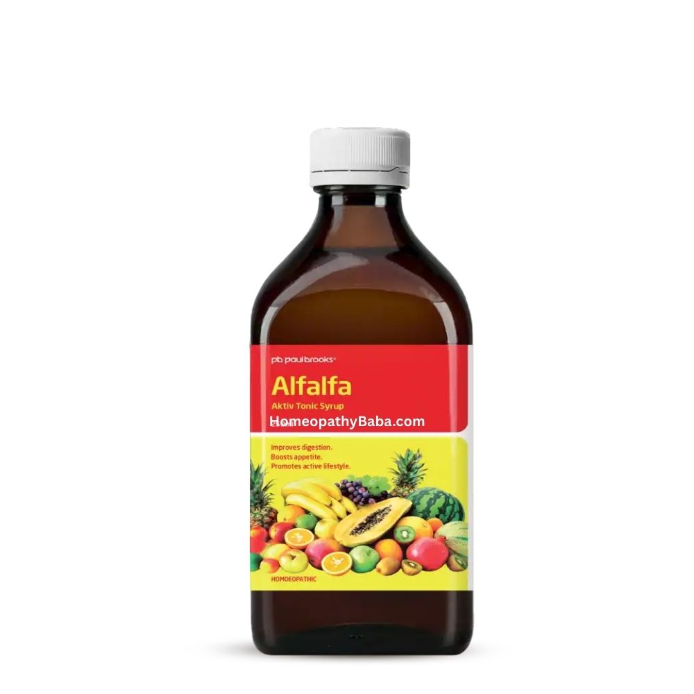 Bottle of Paul Brooks Alfalfa Aktiv Tonic Syrup with a colorful label featuring fruits on a white background

