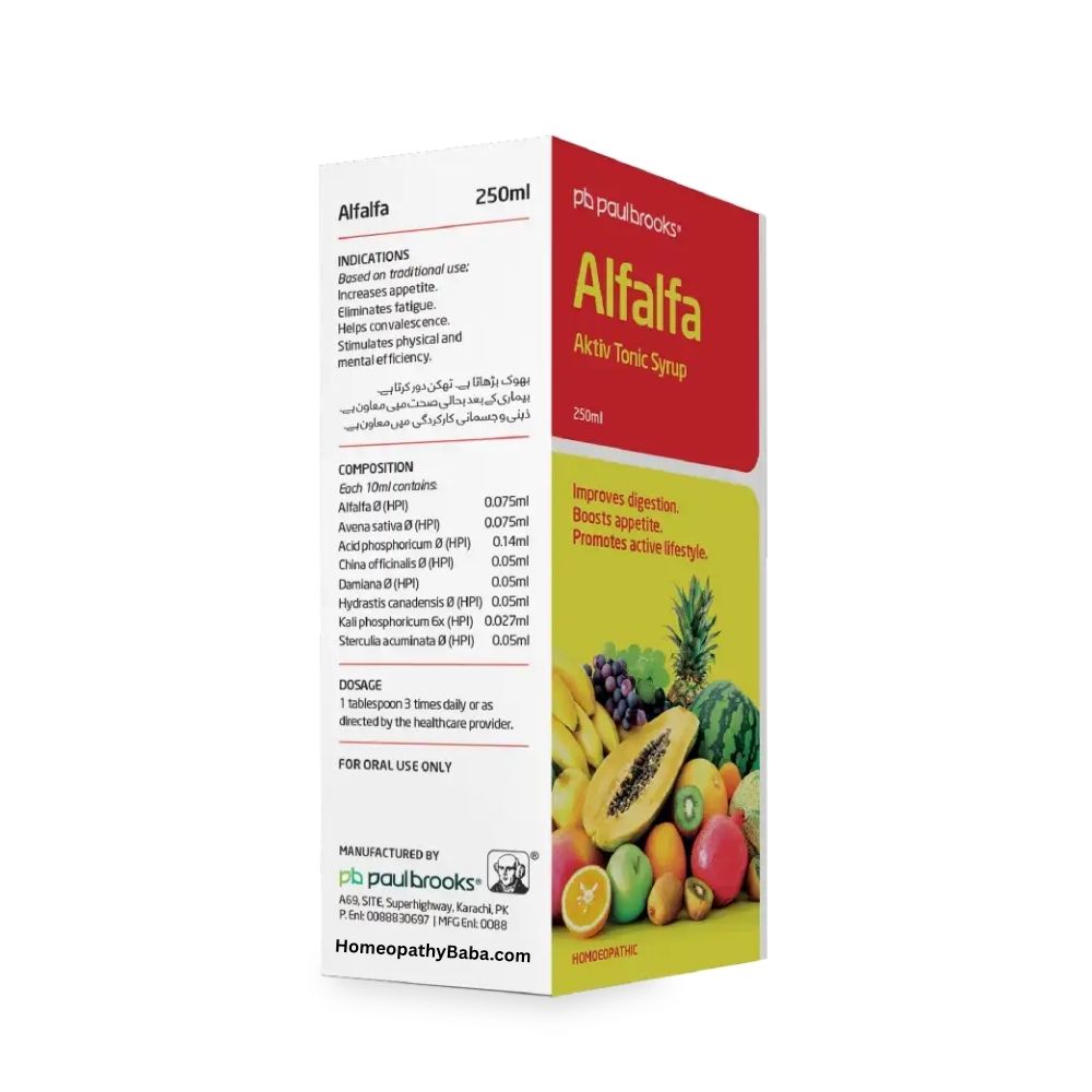 Paul Brooks Alfalfa Aktiv Tonic Syrup packaging with fruit illustration on a white background

