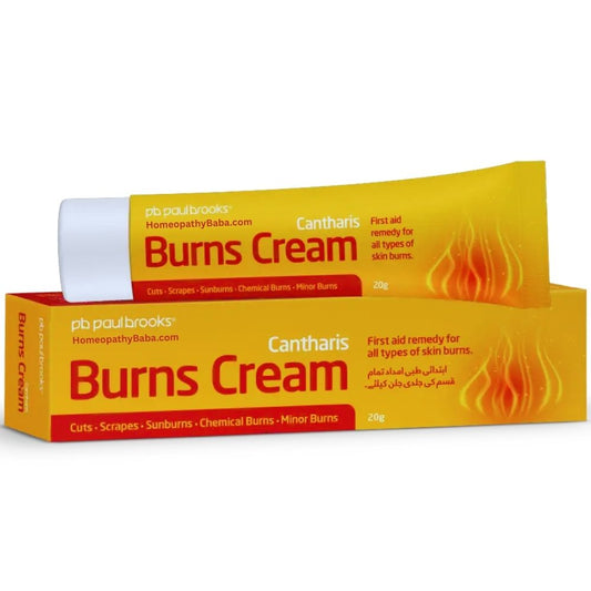 Paul Brooks Burns Cream 20g  packaging with yellow and red design on a white background

