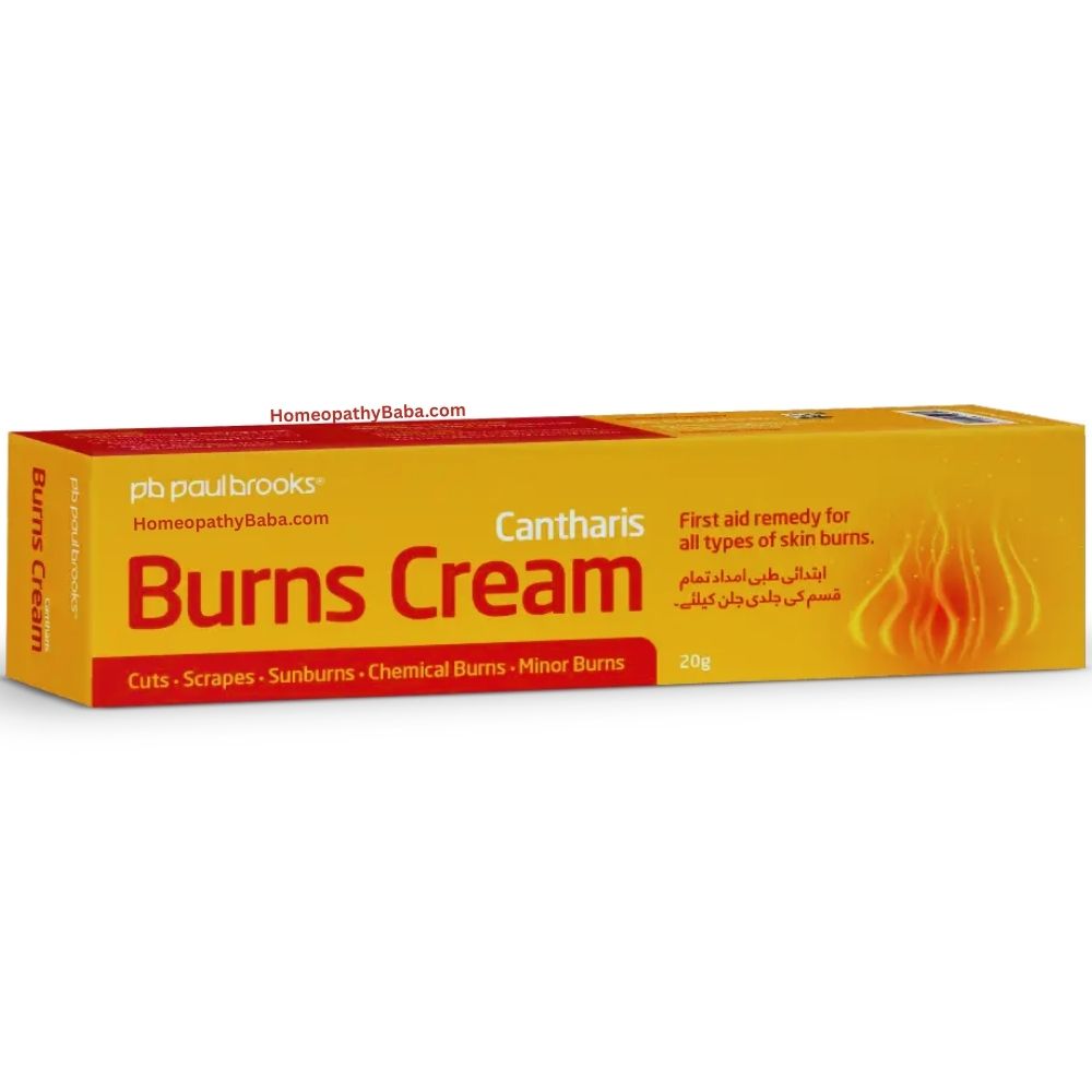 Box of Paul Brooks Burns Cream 20g with red and yellow design on a white background

