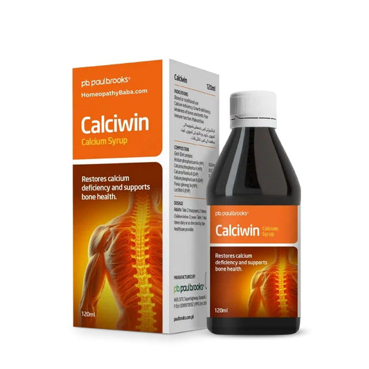 Paul Brooks Calciwin Calcium Syrup 120ml bottle and packaging on a white background

