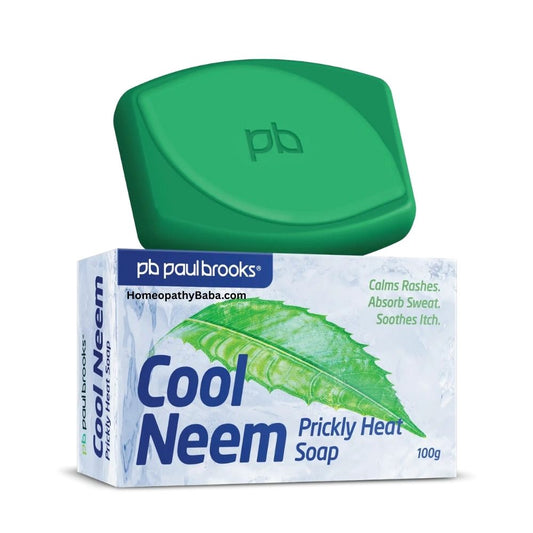 Green soap bar and packaging of pb paul brooks Cool Neem Prickly Heat Soap on a white background

