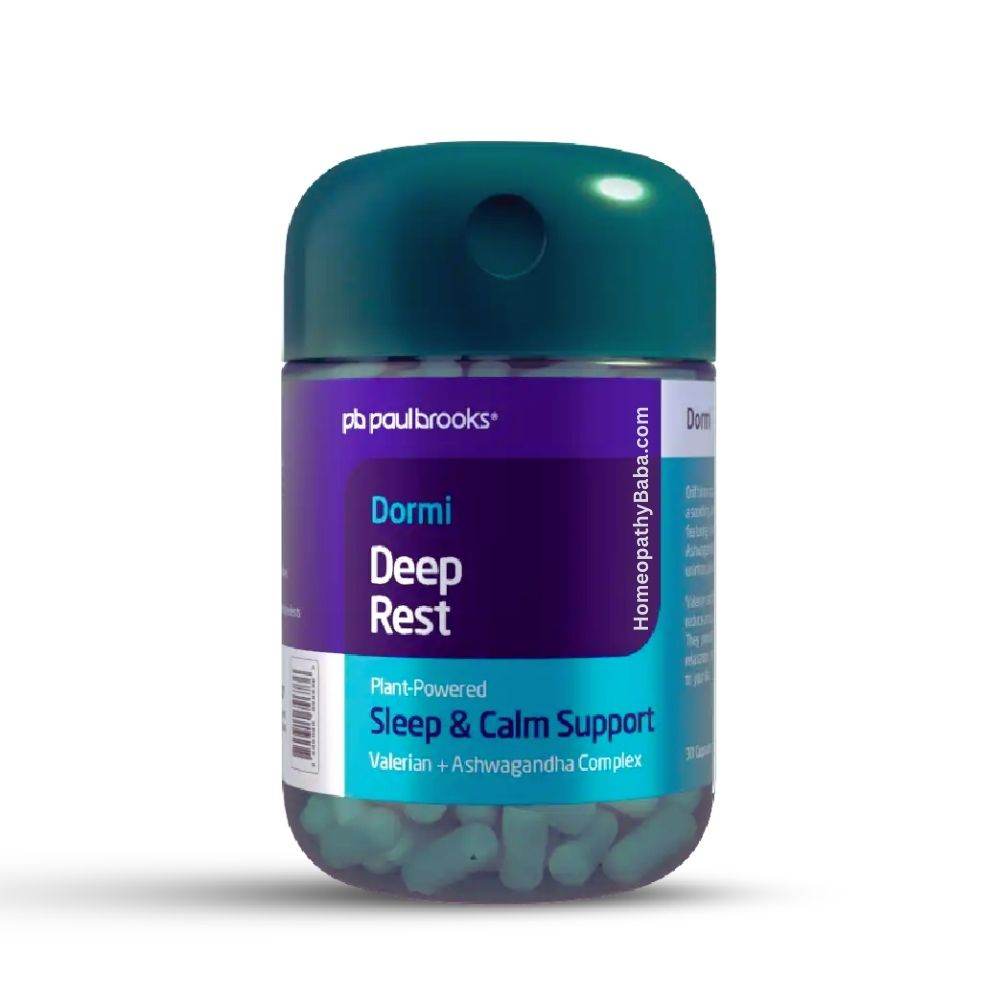 Bottle of Paul Brooks Dormi Deep Sleep capsules supplement on a white background

