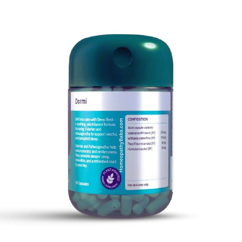 Paul Brooks Dormi Deep Sleep capsules Teal bottle with label on a white background

