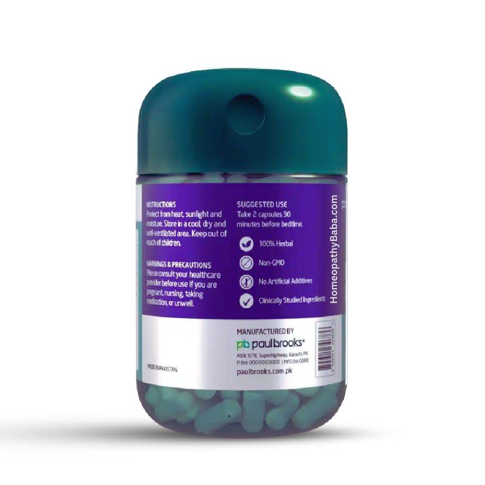 Bottle of Paul Brooks Dormi Deep Sleep capsules with a purple label on a white background

