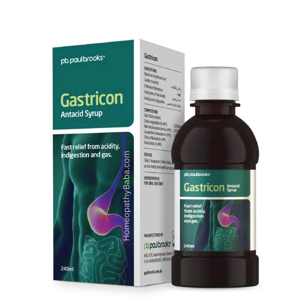 Paul Brooks Gastricon Syrup 120ml, Gastricon Antacid Syrup bottle and packaging on a white background

