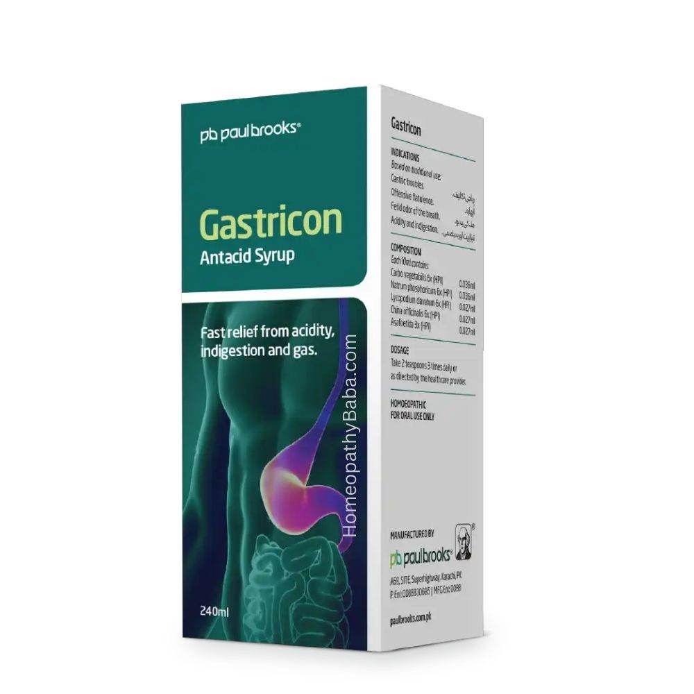 Gastricon Antacid Syrup packaging on a white background


