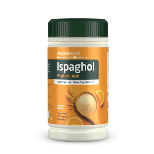 Bottle of Paul Brooks Ispaghol Psyllium Husk Orange Flavor 85g supplement with a white background

