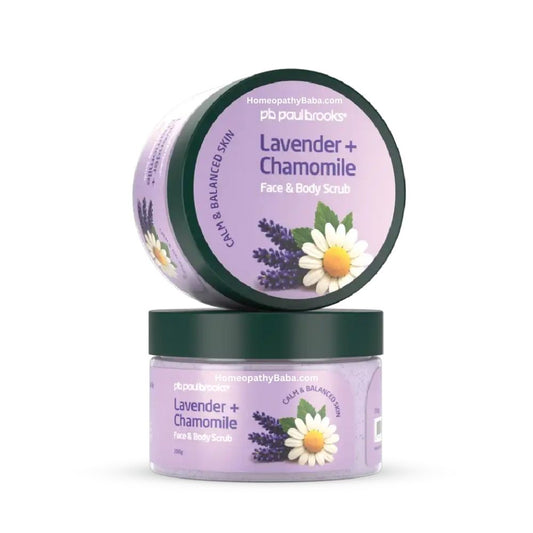 Two jars of Paul Brooks Lavender and Chamomile Scrub with floral design on a white background

