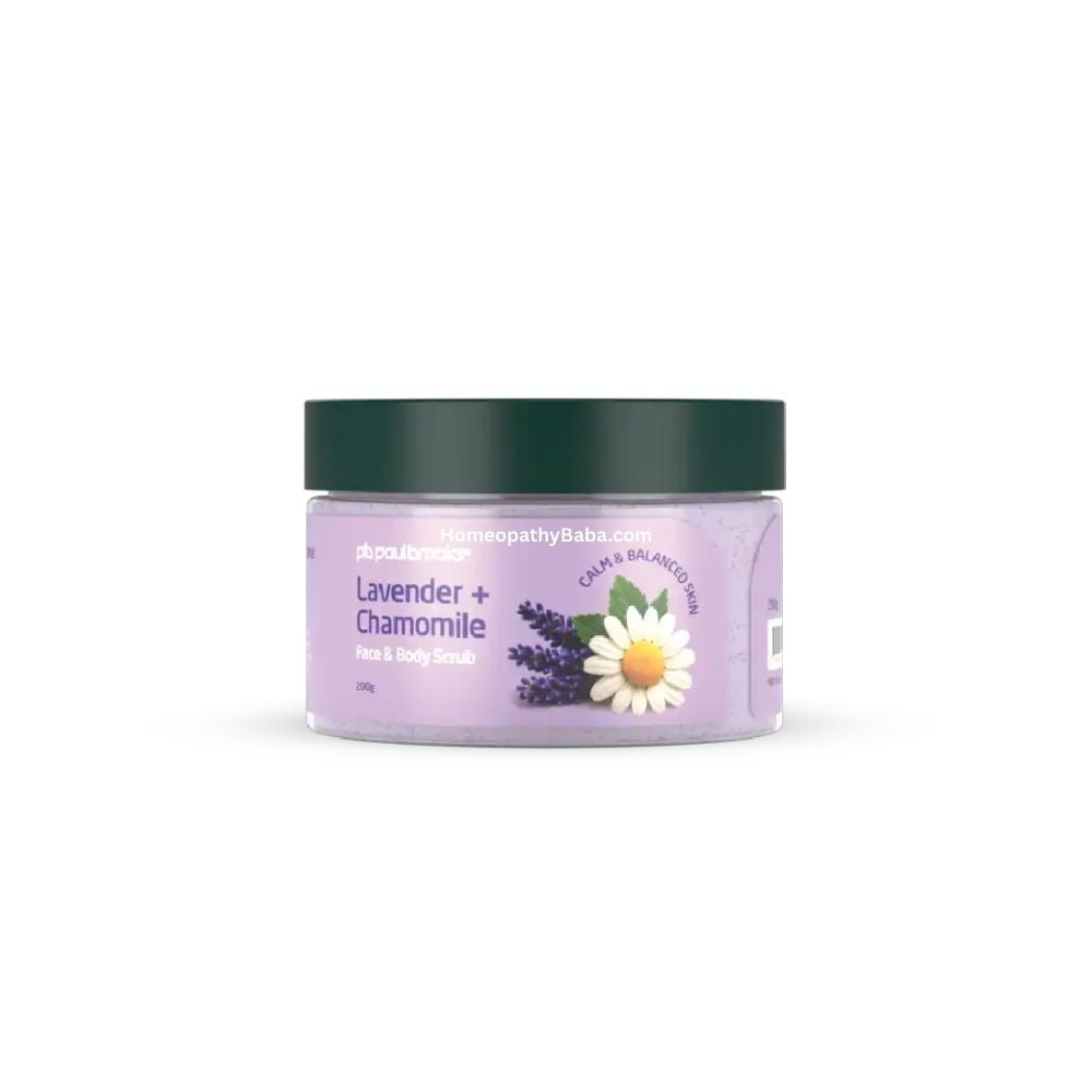 Paul Brooks Lavender and Chamomile Scrub with a white background


