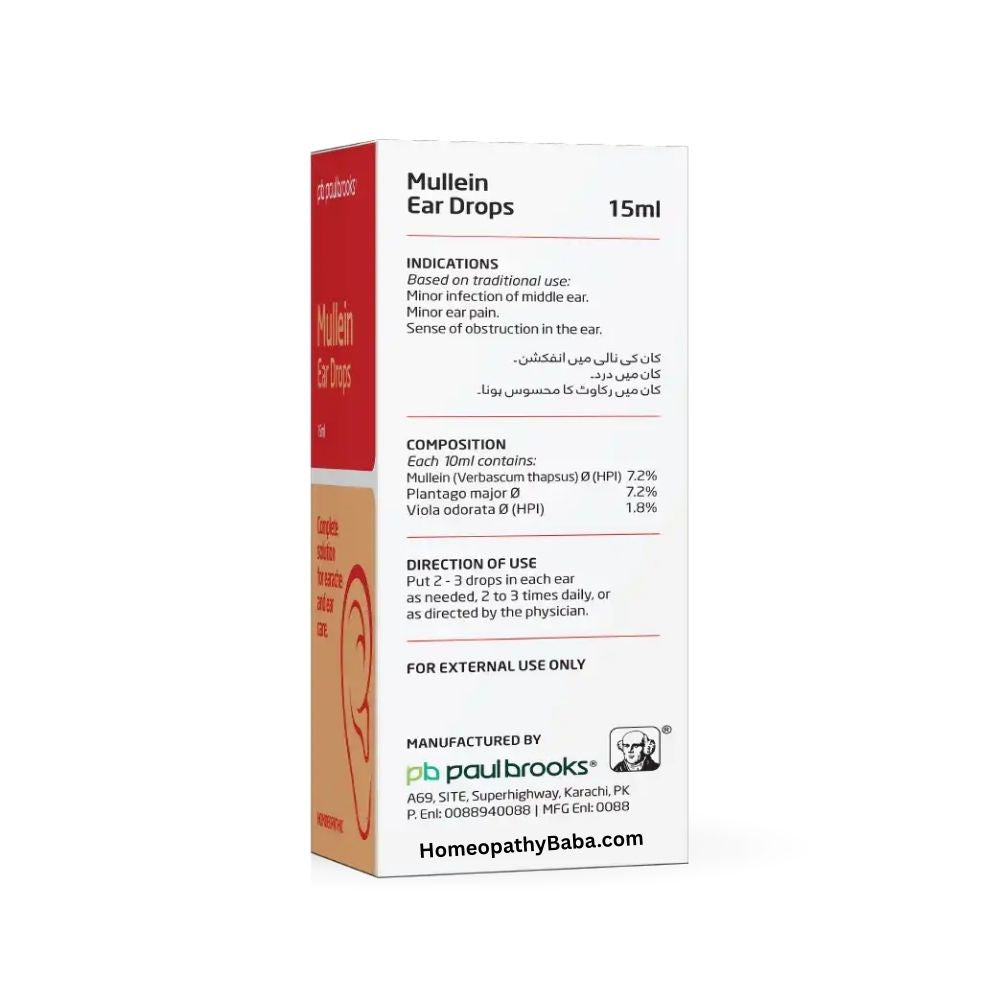 Box of Paul Brooks Mullein Ear Drops with red and white design on a white background

