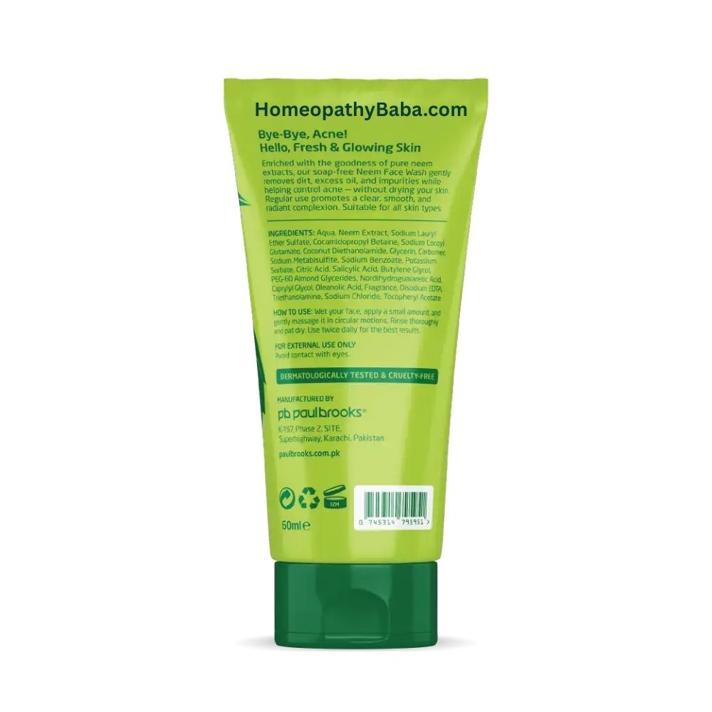 Paul Brooks Neem Face Wash 60ml Green tube of Homeopathy Baba skincare product on a white background

