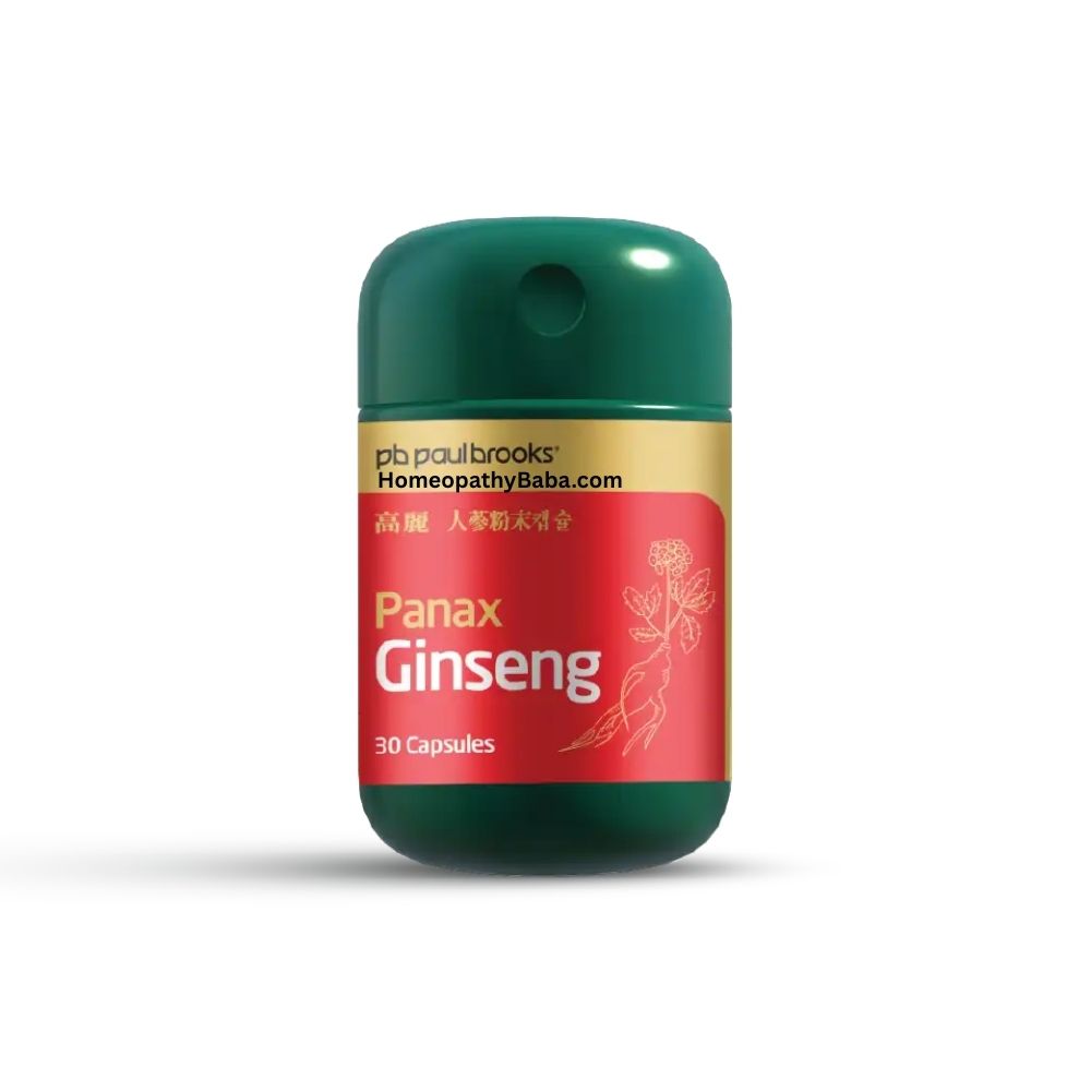 Paul Brooks Panax Ginseng Capsules supplement container with green lid and red label on a white background

