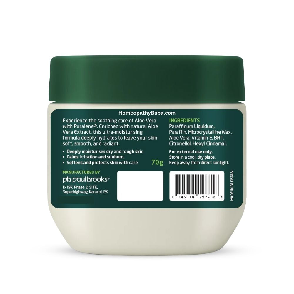 Jar of Paul Brooks Puralene Petroleum Jelly Aloe Vera 70g skincare product with green lid and white base on a white background

