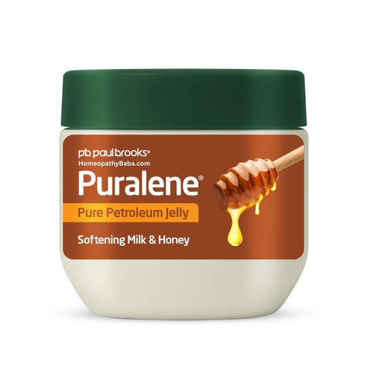Jar of Paul Brooks Puralene Petroleum Jelly 70g with a honey dipper on a white background


